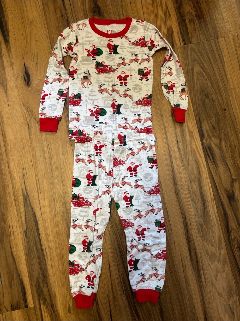 Kids Holiday Santa Print Two-Piece Pajamas - Red Trim